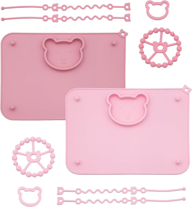 CHCC 2 Pack Baby Silicone Mat with Suction Base and 4 Stretchable Straps, 6 Strong Suction Cups, Baby Placemats, Activity Mat for Infants to Toddlers, Keeps Babies Essentials Off The Floor Purple Pink - Image 1